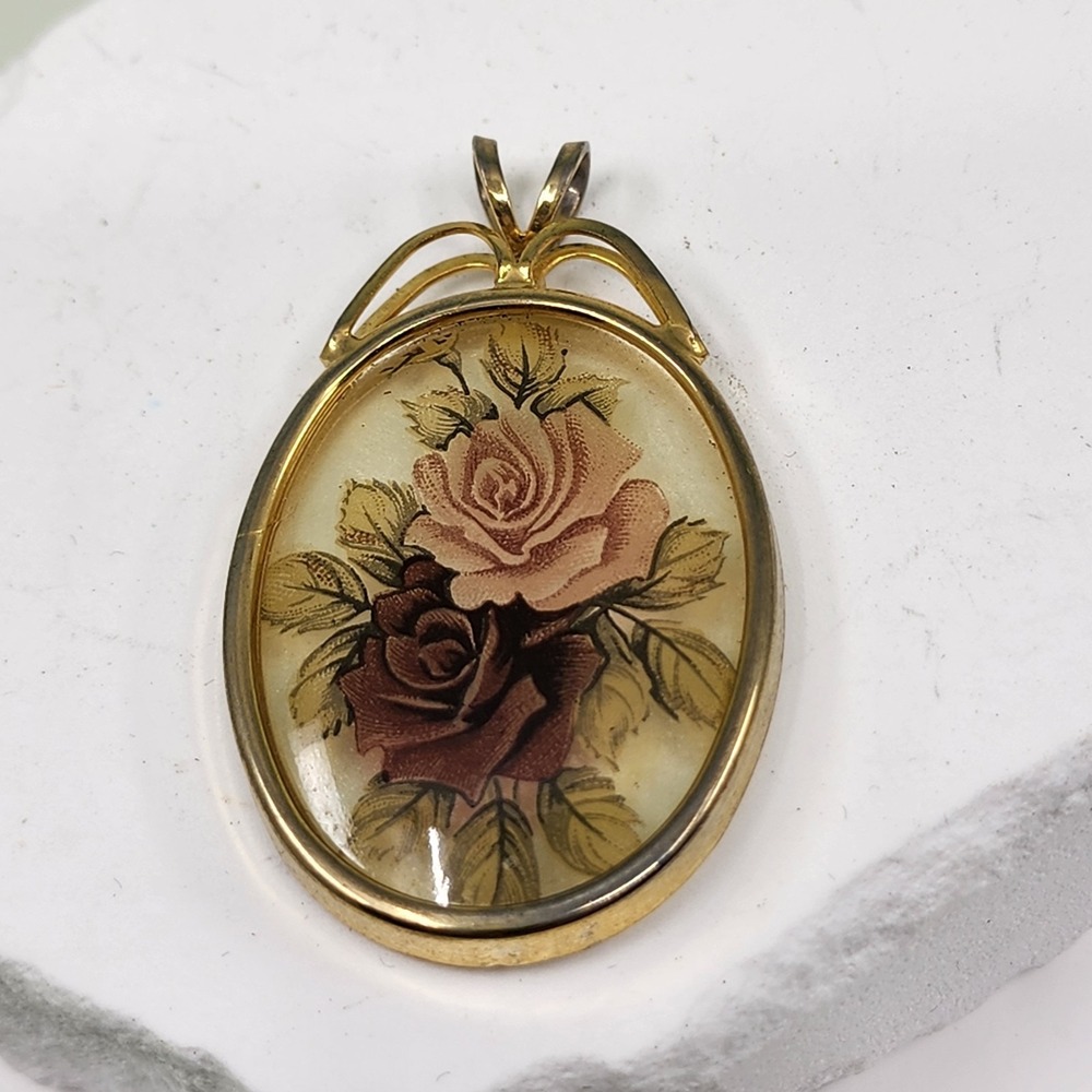 Vintage Rose Floral Pendant Gold Tone Oval Romantic Costume Jewelry Cottagecore